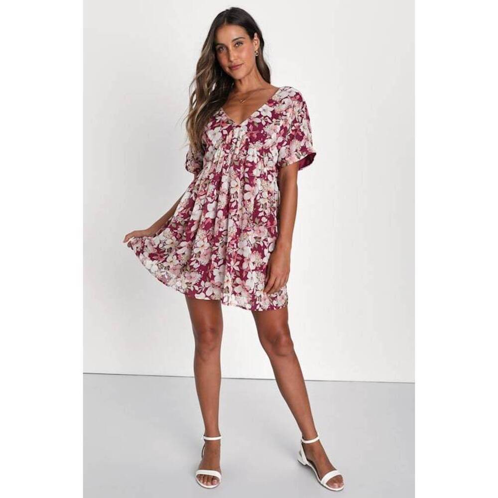 Lulus Ready To Adore Red Floral Print Clip Dot Babydoll Mini Dress - Size S